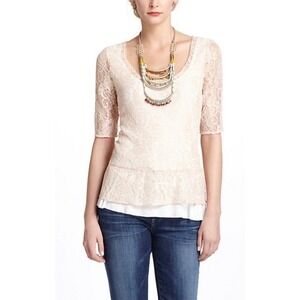 Deletta Anthropologie Peach Floral Lace Ruffle Hem Top Elbow Sleeve Medium